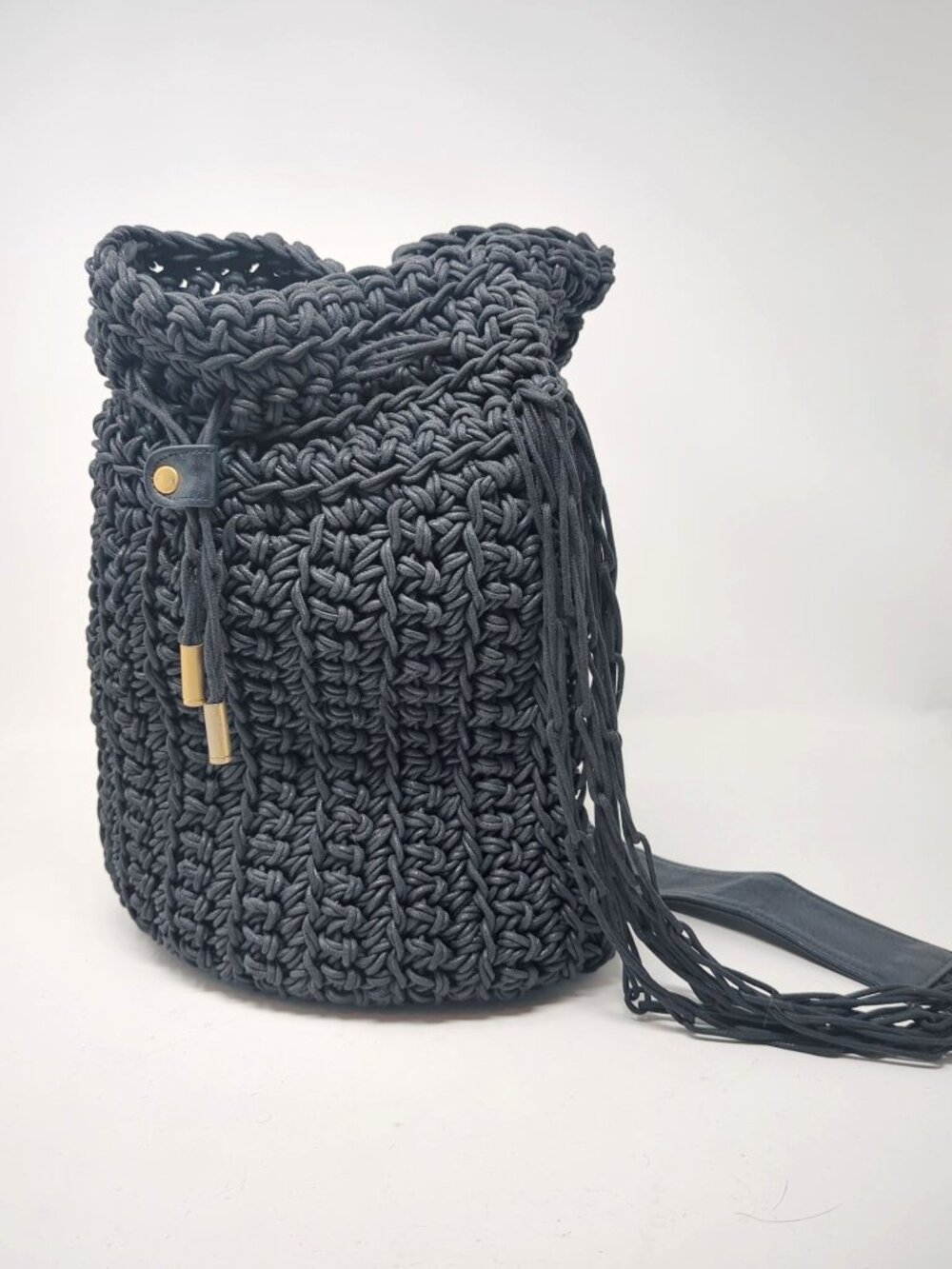 Vintage 90s Sharif Bag Shoulder Black Bucket Leather Woven Handmade